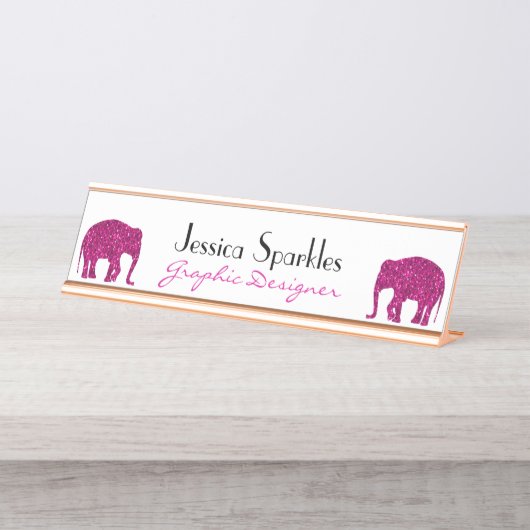 Funkelnd Hot-Rosa Elephant Imitate Glitzern Ihr Na Schreibtischnamensplakette (Vorderseite )