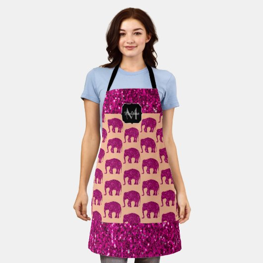 Funkelnd Hot-Rosa Elephant-Imitate Glitzern Monogr Schürze (Getragen)