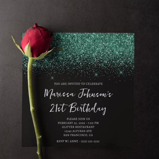 Funkelnd Hunter Green Glitzer Black 21. Geburtstag Einladung