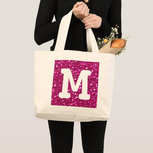 Funkelnd Imitat in Heiß-Rosa Glitzer Monogramm au Jumbo Stoffbeutel (Vorderseite (Produkt))