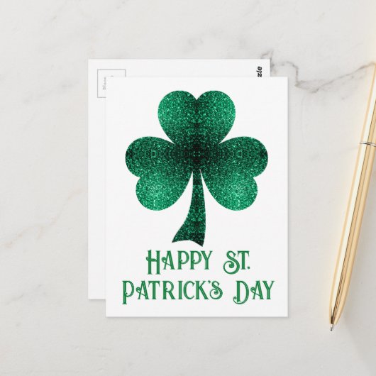 Funkelnd Kleeblatt St. Patrick's Day weiß Postkarte (Vorderseite/Rückseite Beispiel)