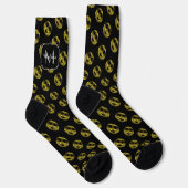 Funkelnd Lächelgesicht Gold Schwarzes Muster Monog Socken (Rechts)