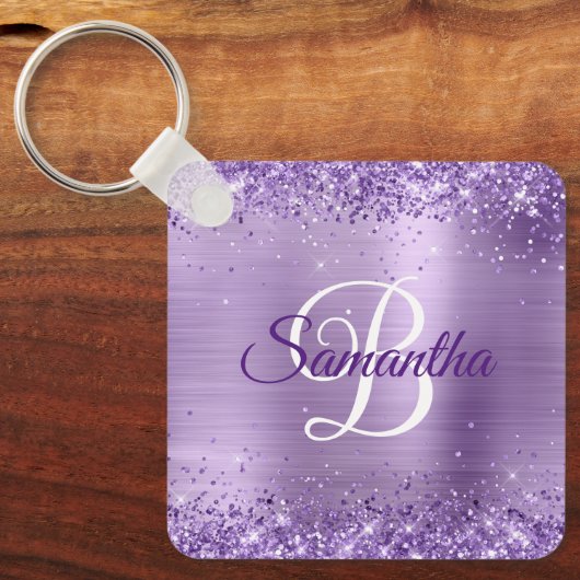 Funkelnd Lila Glitzer Girly Foil Mit Monogramm Schlüsselanhänger (Vorderseite)