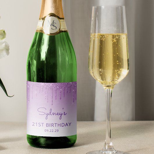 Funkelnd Lila Glitzer Tropfen 21. Geburtstag Party Schaumweinetikett
