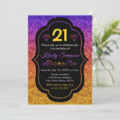Funkelnd Lila und orangefarbener Glitzer Geburtsta Einladung (Stehend Vorderseite)
