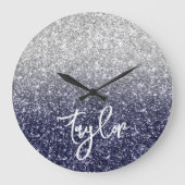 Funkelnd Luxus Silver Navy Glitzer Ombre Große Wanduhr (Vorderseite)