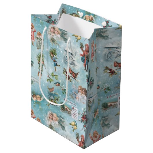 Funkelnd Magical Winter Vintage Christmas Collage Mittlere Geschenktüte (Vorderseite Schrägansicht)