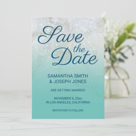 Funkelnd Marble Aquamarin Ombre Save the Date Einladung (Stehend Vorderseite)
