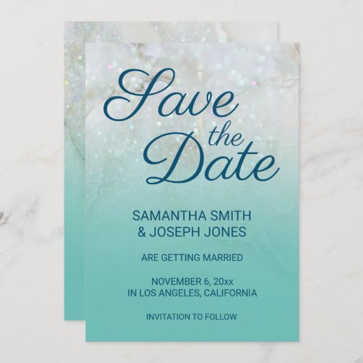Funkelnd Marble Aquamarin Ombre Save the Date Einladung (Vorne/Hinten)