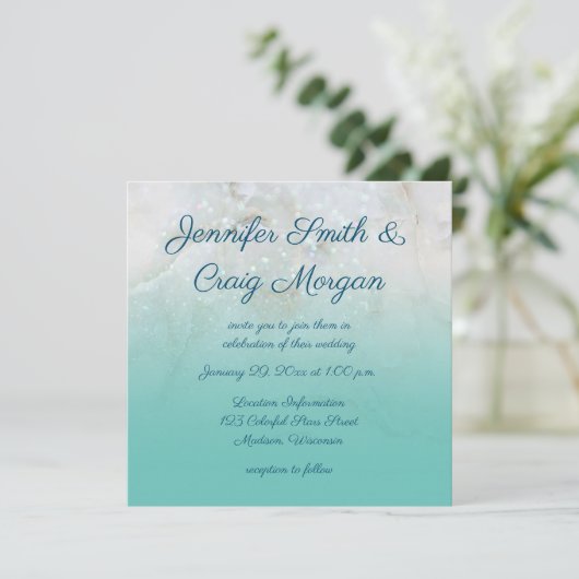 Funkelnd Marble Aquamarin Ombre Wedding Einladung (Stehend Vorderseite)
