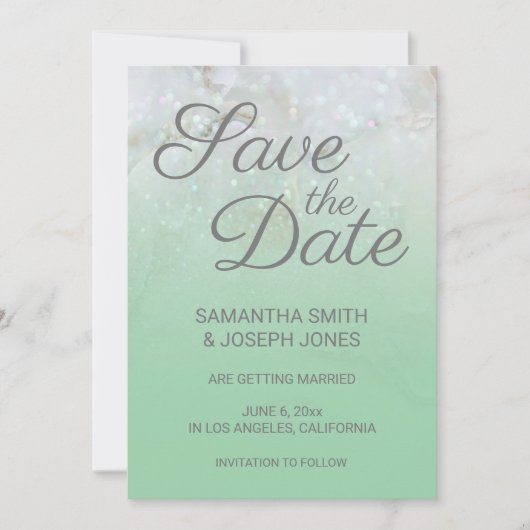 Funkelnd Marmor Mint Green Ombre Save the Date Einladung (Vorderseite)