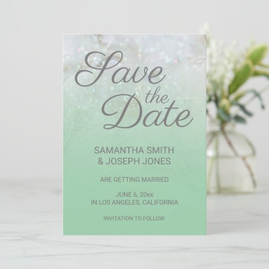 Funkelnd Marmor Mint Green Ombre Save the Date Einladung (Stehend Vorderseite)