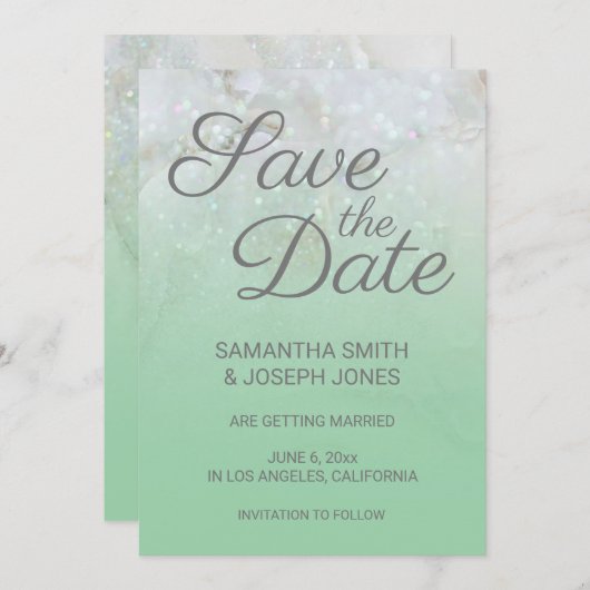 Funkelnd Marmor Mint Green Ombre Save the Date Einladung (Vorne/Hinten)