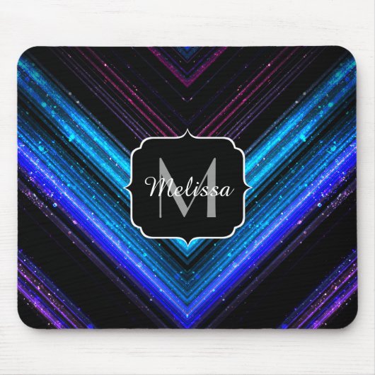 Funkelnd metallisches blaues lila Zickzack Monogra Mousepad (Vorne)