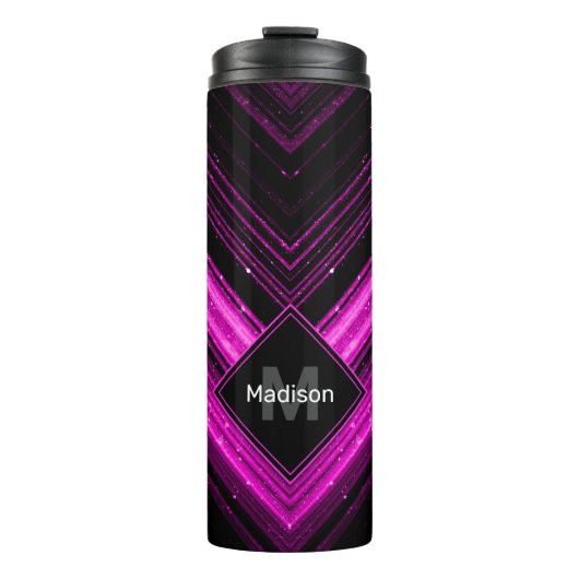 Funkelnd metallisches, heißrosa, Zickzack Monogram Thermosbecher (Vorderseite)