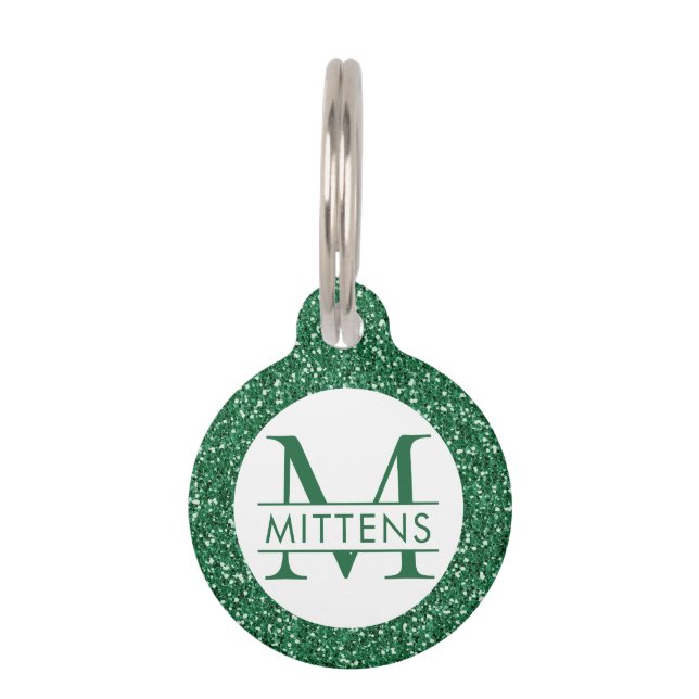 Funkelnd Monogramm des grünen Glitzer Haustiermarke (Vorderseite)