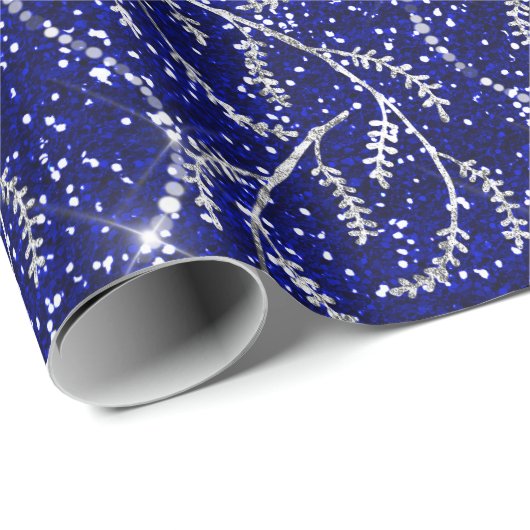 Funkelnd Navy Laurel Floral Silver Diamonds Geschenkpapier (Rolleneckpunkt)