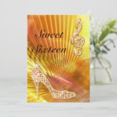 Funkelnd Orange Musiknote & Stiletto 16. Geburtsta Einladung (Stehend Vorderseite)