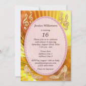 Funkelnd Orange Musiknote & Stiletto 16. Geburtsta Einladung (Rückseite)