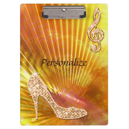 Funkelnd Orange Musiknote und Stiletto Heel Klemmbrett (Vorderseite)