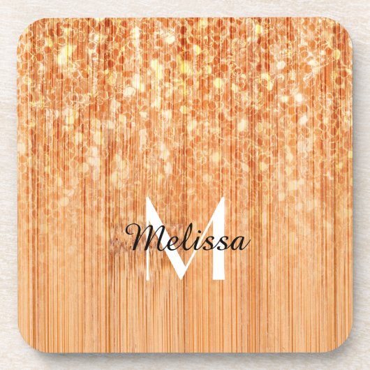 Funkelnd orangefarbener Bambusprint Monogram Getränkeuntersetzer (Vorderseite)