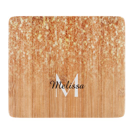 Funkelnd orangefarbener Bambusprint Monogram Schneidebrett (Vorderseite)