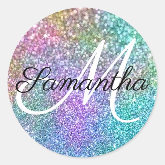 Funkelnd Rainbow Mermaid Imitats Glitzer Monogram Runder Aufkleber (Vorderseite)