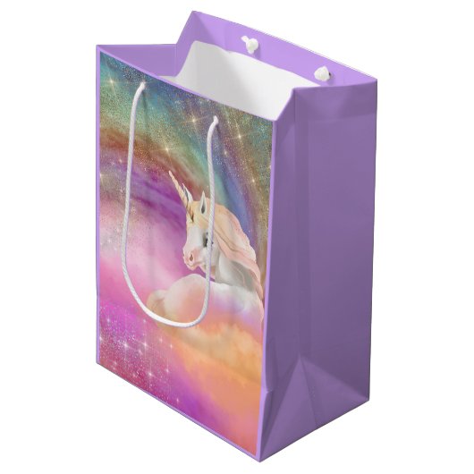 Funkelnd Rainbow Universum Unicorn Fantasy Mittlere Geschenktüte (Vorderseite Schrägansicht)