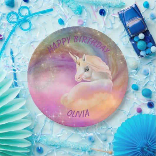 Funkelnd Regenbogen-Universum Unicorn Pappteller (Party)