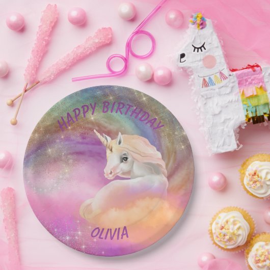 Funkelnd Regenbogen-Universum Unicorn Pappteller (Party)