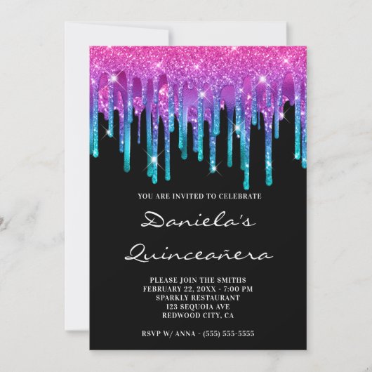 Funkelnd rosa Aquamariner Tropfen Black Quinceañer Einladung (Vorderseite)