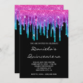 Funkelnd rosa Aquamariner Tropfen Black Quinceañer Einladung (Vorne/Hinten)