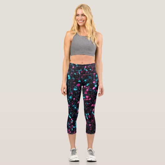 Funkelnd-rosa-blaue Mosaik-Glitzer Glitzern Capri Leggings (Vorderseite)