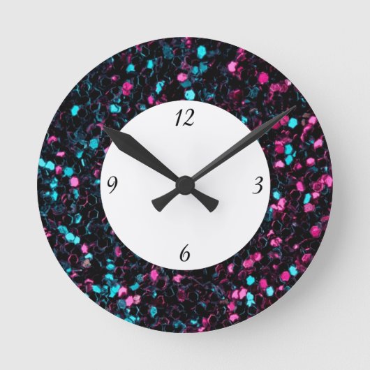 Funkelnd-rosa-blaue Mosaik-Glitzer-Glitzern mit An Runde Wanduhr (Vorderseite)