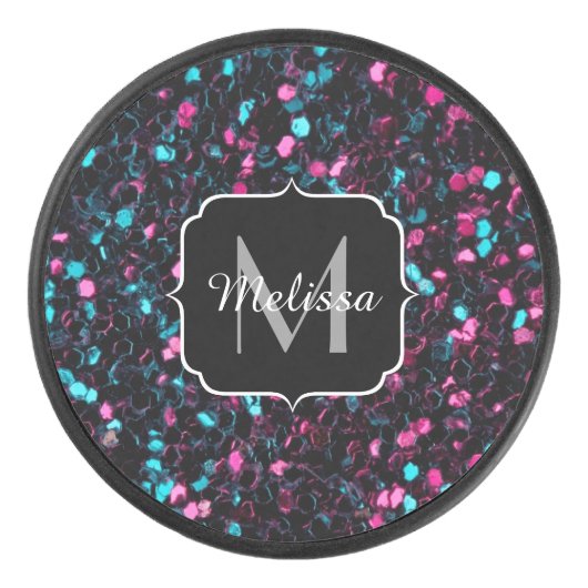 Funkelnd-rosa-blaue Mosaikbläser-Glitzer-Funkeln M Eishockey Puck (Vorderseite)