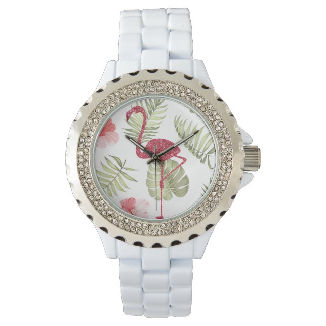 Funkelnd rosa Flamingo Sommerzeit Frauenschau Armbanduhr (Vorderseite)