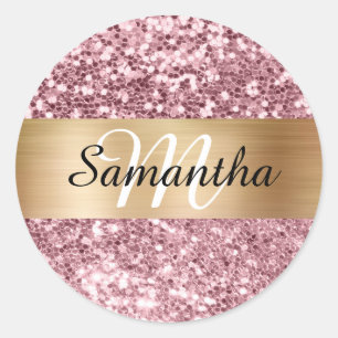 Funkelnd rosa Glitzer Gold Shimmer Monogramm Runder Aufkleber