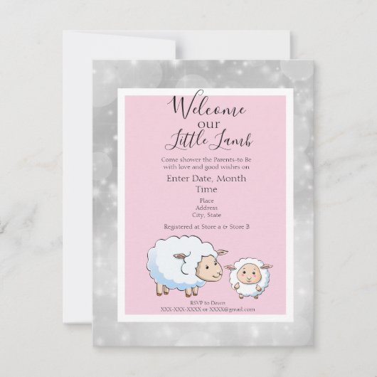 Funkelnd rosa, graue Lamm Babydusche Einladung (Vorderseite)