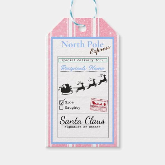 Funkelnd rosa Streifen | Nordpol Geschenkanhänger (Vorderseite)