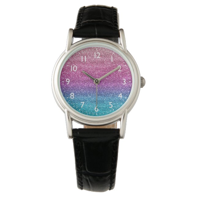 Funkelnd rosa und blauer Glitzer Armbanduhr (Vorderseite)