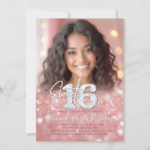 Funkelnd Rose Gold Diamanten Chic Foto Sweet 16 Einladung (Vorderseite)
