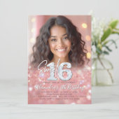 Funkelnd Rose Gold Diamanten Chic Foto Sweet 16 Einladung (Stehend Vorderseite)