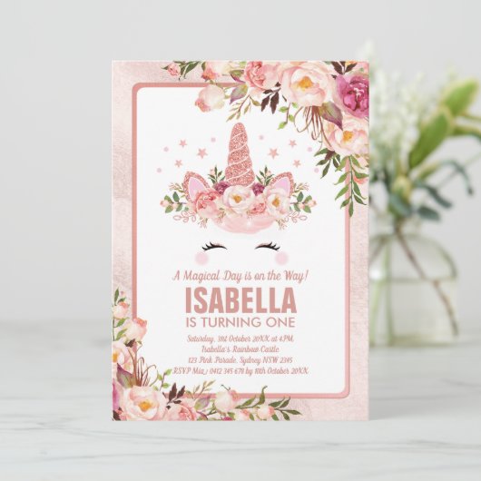 Funkelnd Rose Gold Einhorn / Girly Magical Geburts Einladung (Stehend Vorderseite)