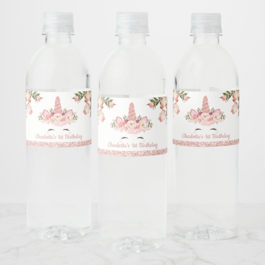 Funkelnd Rose Gold Einhorn / Rosa Wasserfarbe Wasserflaschenetikett (Flaschen)