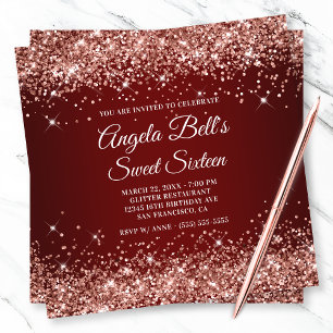 Funkelnd Rose Gold Glitzer Dark Red 16 . Geburtsta Einladung