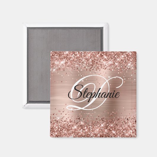 Funkelnd Rose Gold Glitzer Foil Extravagant Monogr Magnet (Vorderseite/Rückseite)