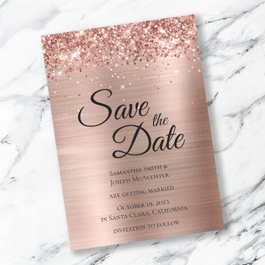 Funkelnd Rose Gold Glitzer Foil Glam Save The Date