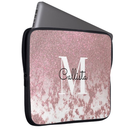 Funkelnd Rose Gold Glitzer Marble Ombre Monogram Laptopschutzhülle (Vorne Rechts)