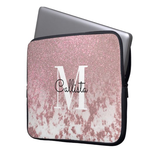 Funkelnd Rose Gold Glitzer Marble Ombre Monogram Laptopschutzhülle (Vorderseite Links)