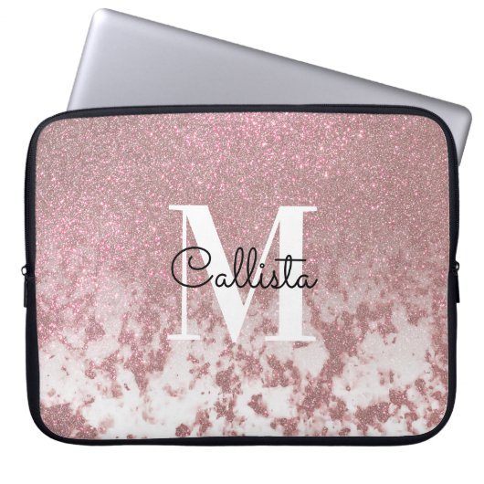 Funkelnd Rose Gold Glitzer Marble Ombre Monogram Laptopschutzhülle (Vorderseite)